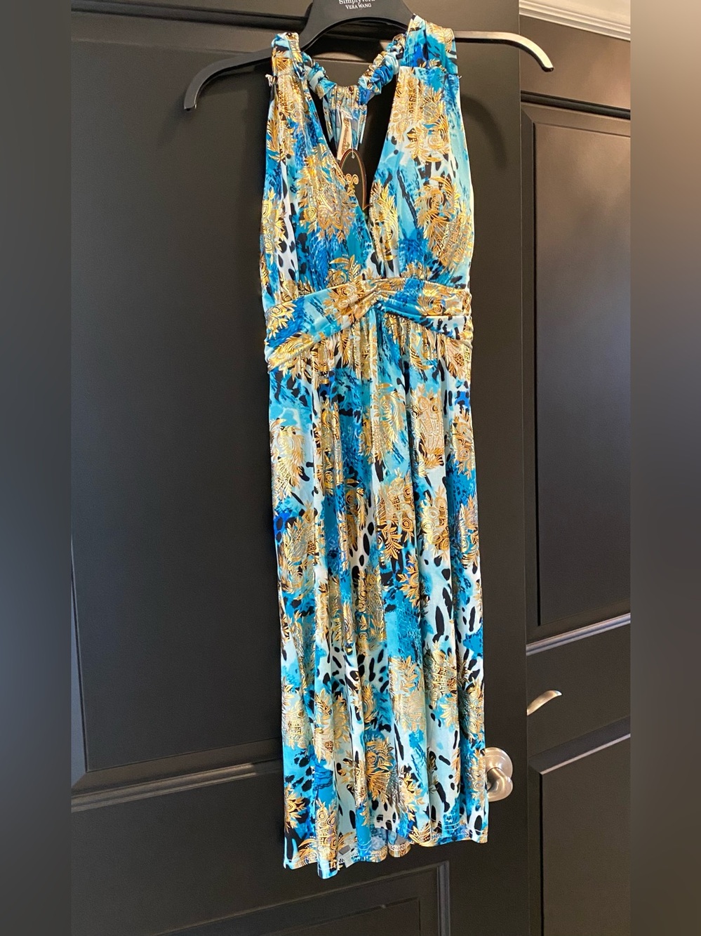 Tropical Blue & Gold Printed Halter dress - Picture 1 of 2
